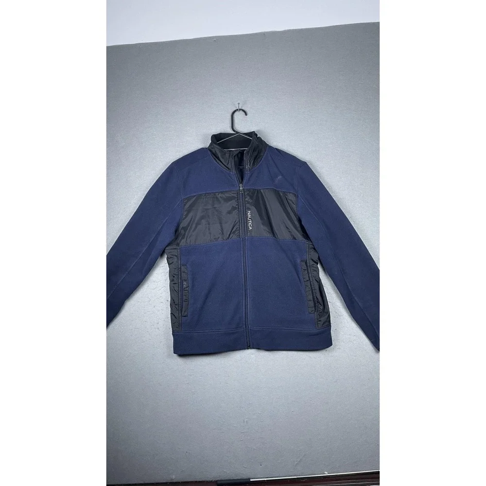 Nautica Jacket Mens Medium Navy Black Fleece‎ Full Zip Stand Collar Sail Logo